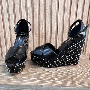 Delman Black Wedge Sandals with Stud Accents